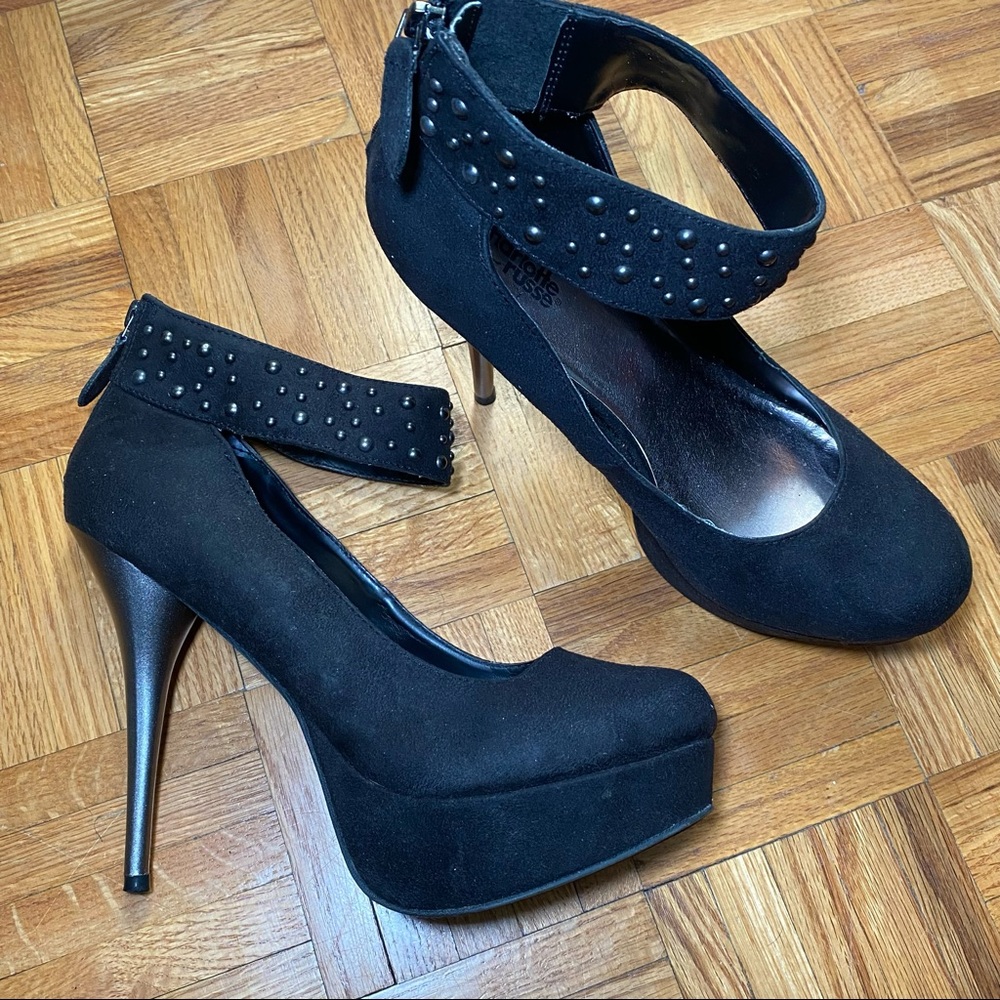 Black Suede Platform Heels with Studded Ankle Straps